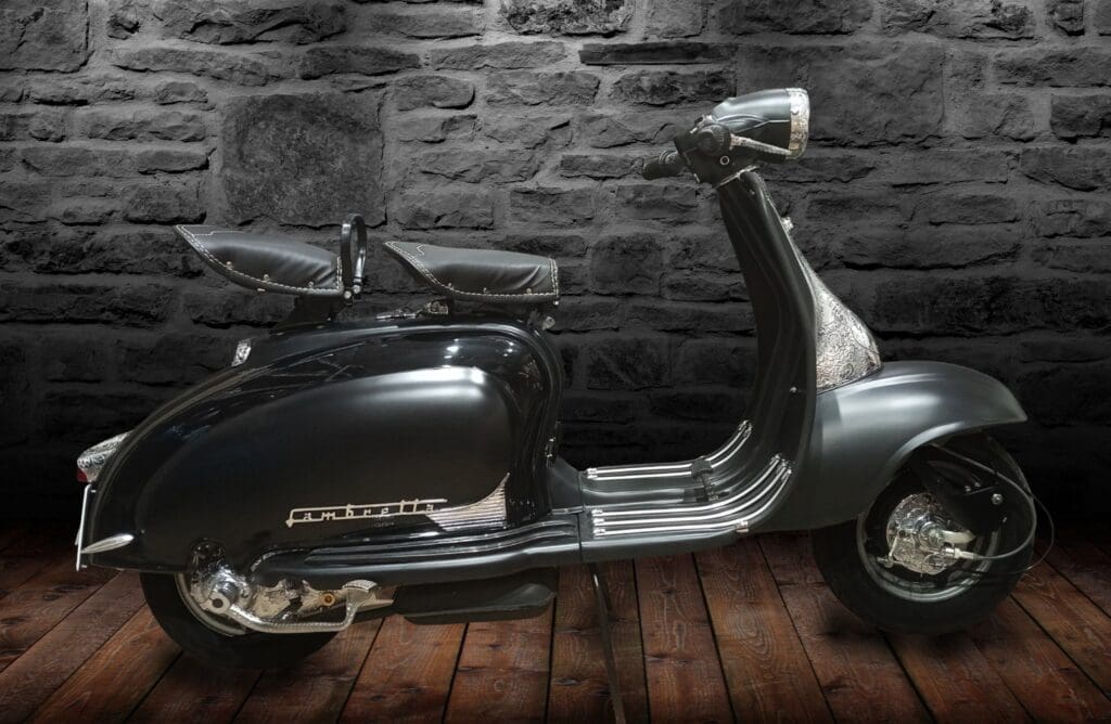 matte black Lambretta Series 2 scooter, featuring over 2000 hours of hand engraving