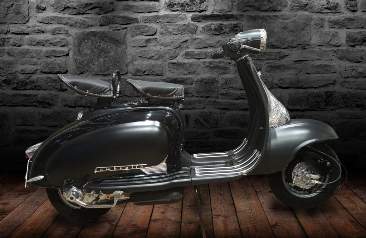 matte black Lambretta Series 2 scooter, featuring over 2000 hours of hand engraving