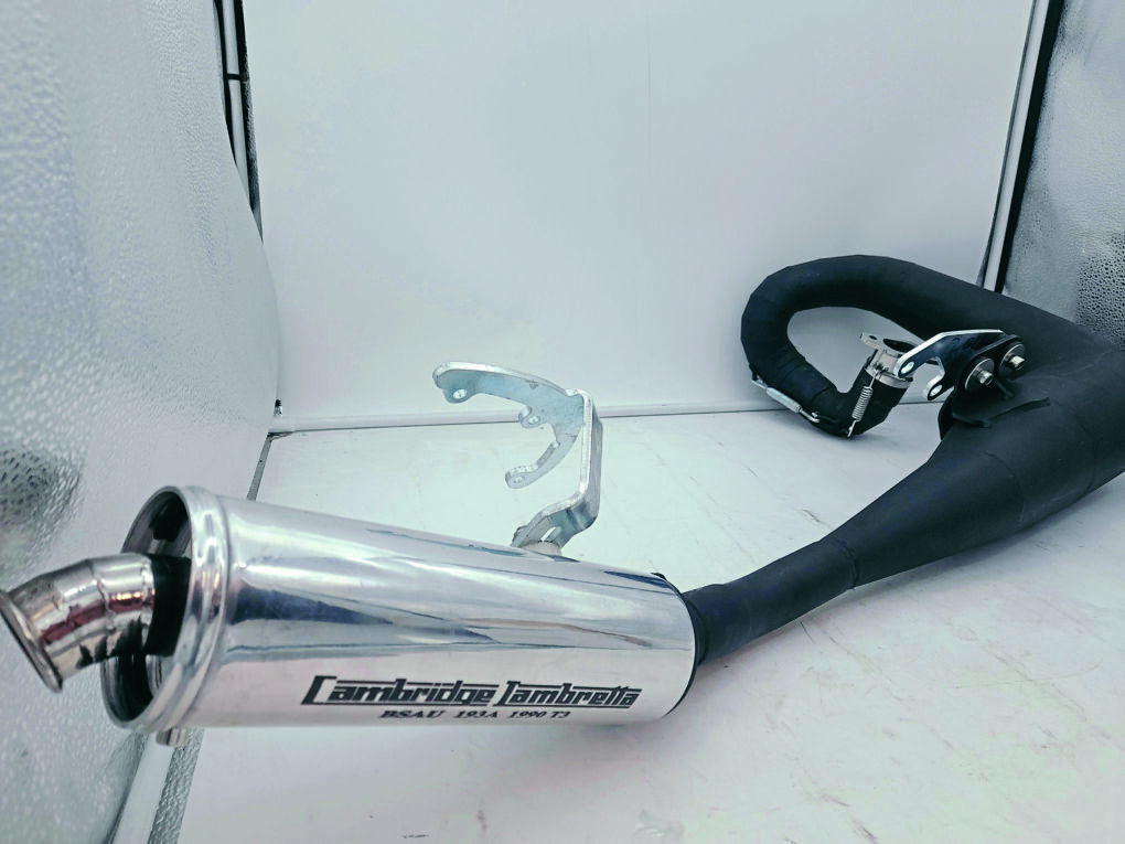 New ‘road’ exhaust from Cambridge Lambretta, with ‘quiet’ internal stinger for noise reduction.
