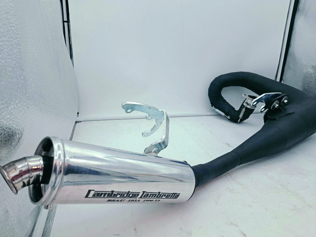 New ‘road’ exhaust from Cambridge Lambretta, with ‘quiet’ internal stinger for noise reduction.