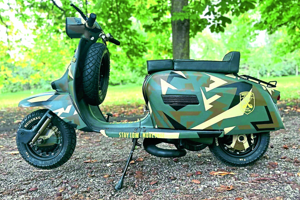 Custom Lambretta build by Maddin Zellar features digital camouflage and RB small-block engine