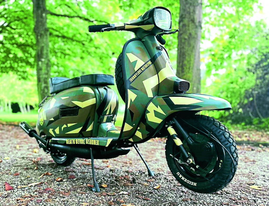 Custom Lambretta build by Maddin Zellar features digital camouflage and RB small-block engine