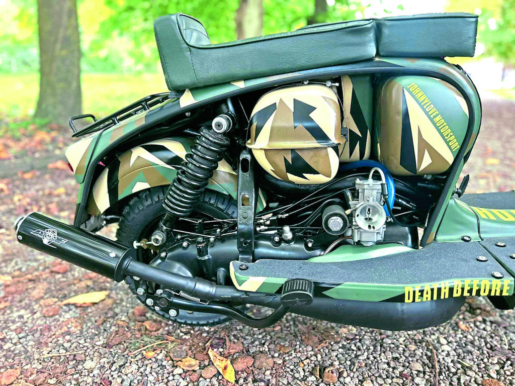 Custom Lambretta build by Maddin Zellar features digital camouflage and RB small-block engine