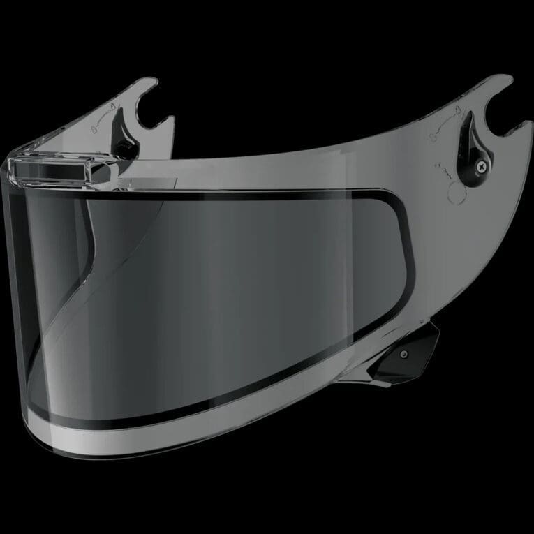 SHARK’s IRID® visor uses a solar-powered liquid crystal system to switch from dark to clear in under a second. The VZ Clear version offers the lightest tint and is intended for daytime road use. For a more aggressive look, the VZ Iridium Blue version, seen here, adds track-focused style with a much darker visual effect.