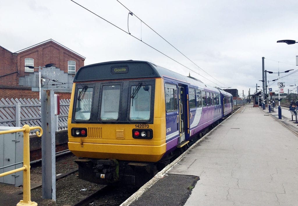 Northern Rail 142 Pacer diesel train at Doncaster station. 