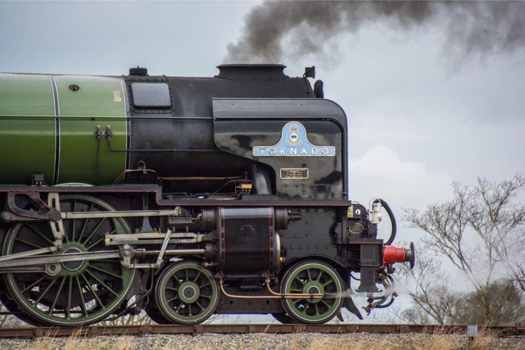 Close up shot of No. 60163 Tornado steam locomotive