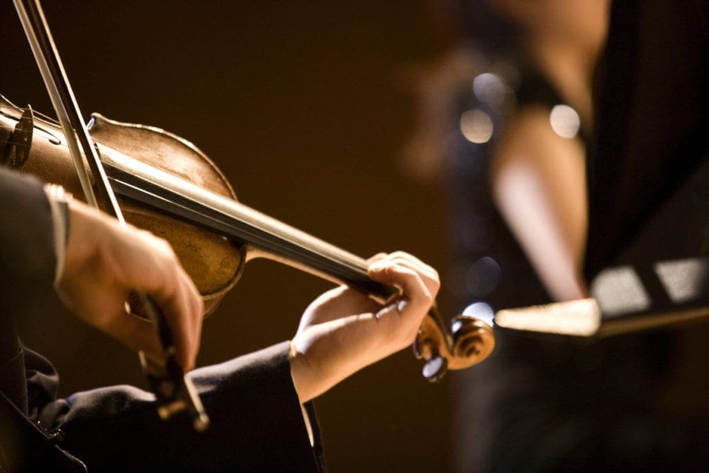 The girl's hand on the strings of a violin