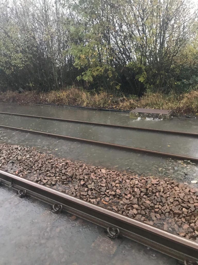 Tracks are flooded at Kirk Sandall in Yorkshire. Photo: Network Rail.