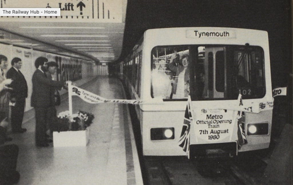Photo: The Railway Magazine. At the formal opening of the Tyne and Wear Metro on August 7, the first metrocar breaks a tape at Haymarket Station on the underground section.