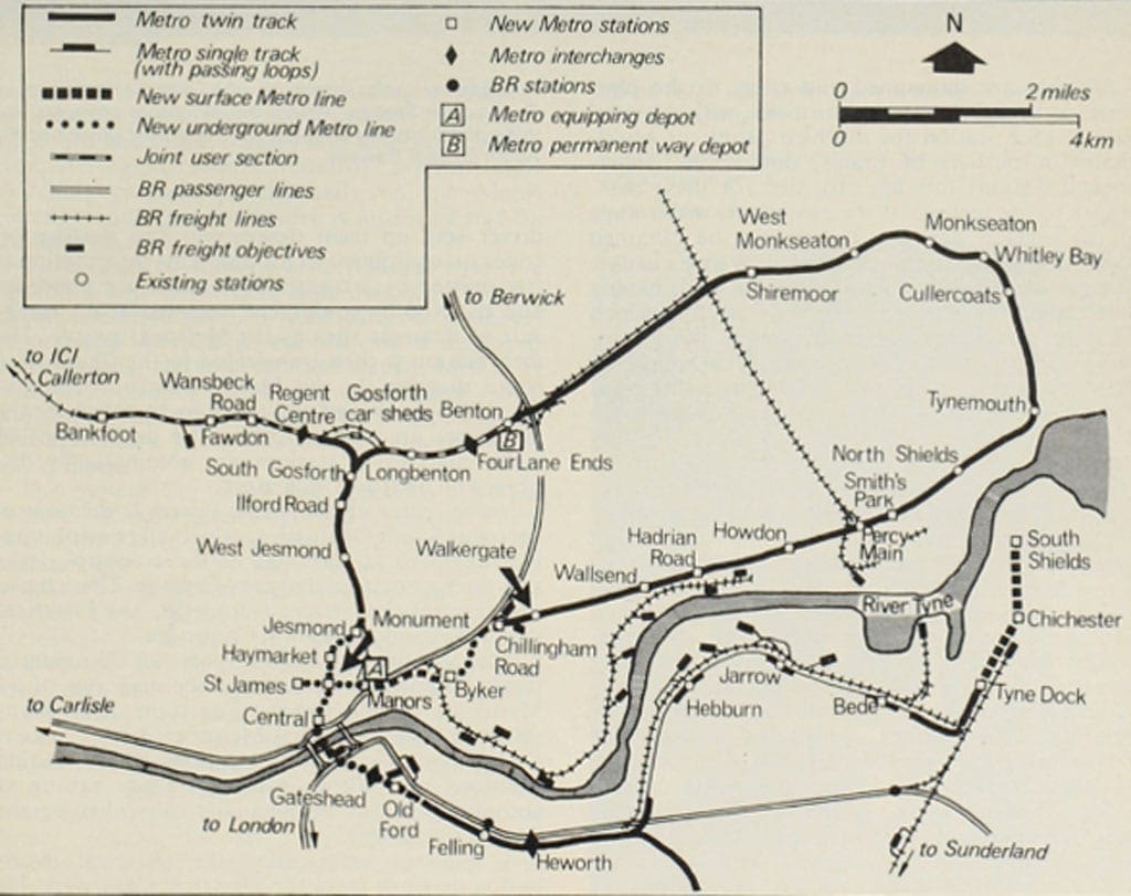 Photo: The Railway Magazine. The full extent of the Tyne and Wear Metro system. May 1981.