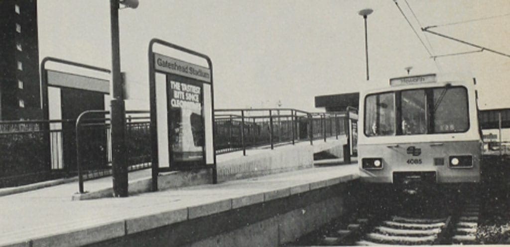 Photo: The Railway Magazine. Formerly Old Ford, the Metro station at Gateshead Stadium is on the southerly pair of the former British Railways four-track layout at Pelaw. 