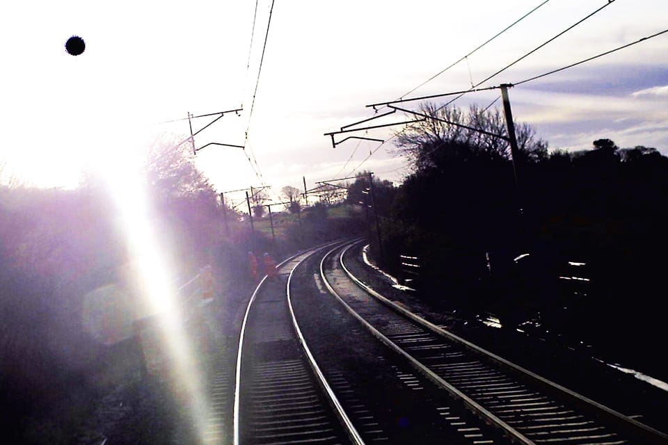 Forward-facing CCTV image from front of train approximately one second before it passed the inspection team (Virgin Trains). This image is affected by bright sunlight and has been enhanced to improve its clarity.