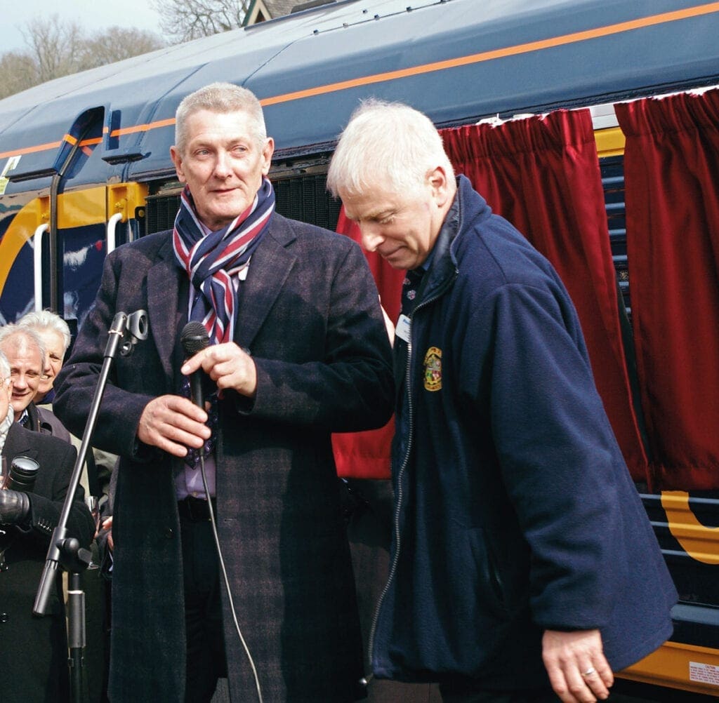 Chris White (left), the infrastructure director who moved mountains to make the East Grinstead possible, with preservation society chairman Roy Watts at the naming of GB Class 66 No. 66739 Bluebell Railway in 2013.