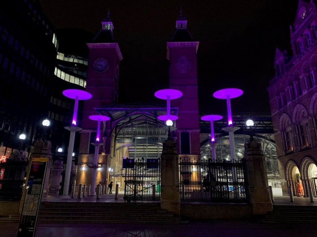 London Liverpool Street Station turned purple to celebrate disabled people worldwide. Photo: Network Rail