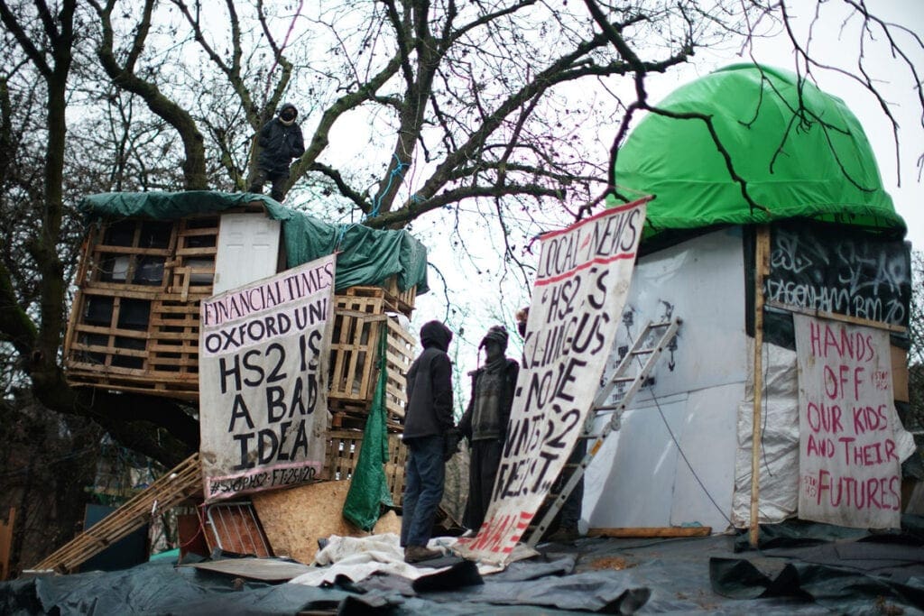 The encampment in Euston Square Gardens in central London, where HS2 Rebellion protesters have built a 100ft tunnel network