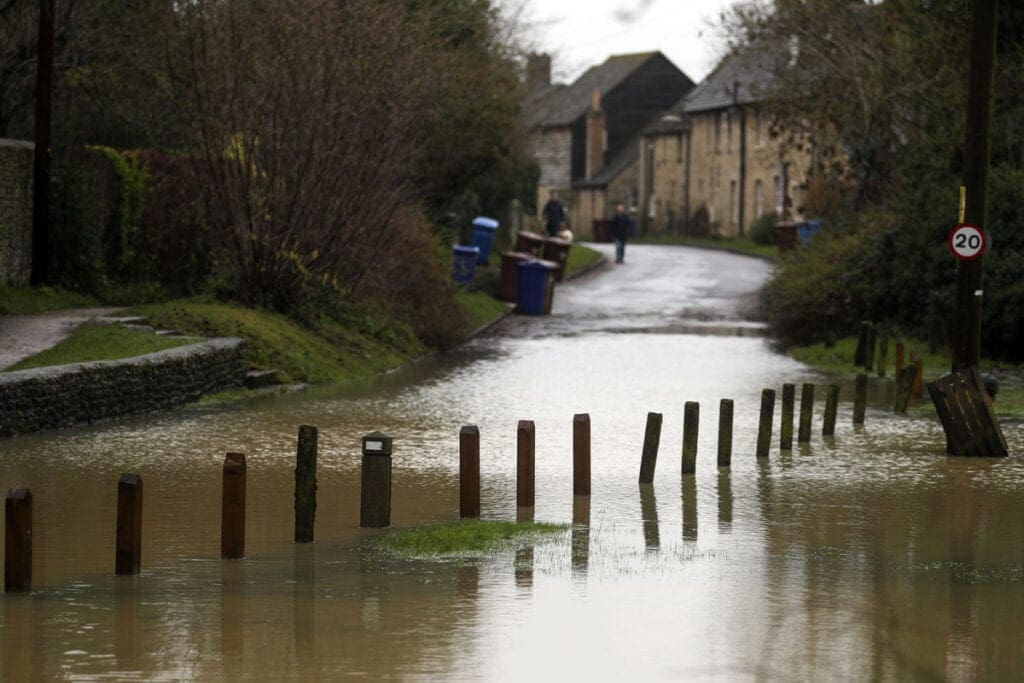 Flooded road in Islip, Oxfordshire