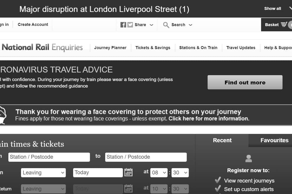 National Rail website greyscaled