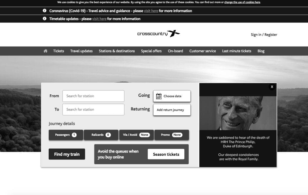 CrossCountry website greyscaled