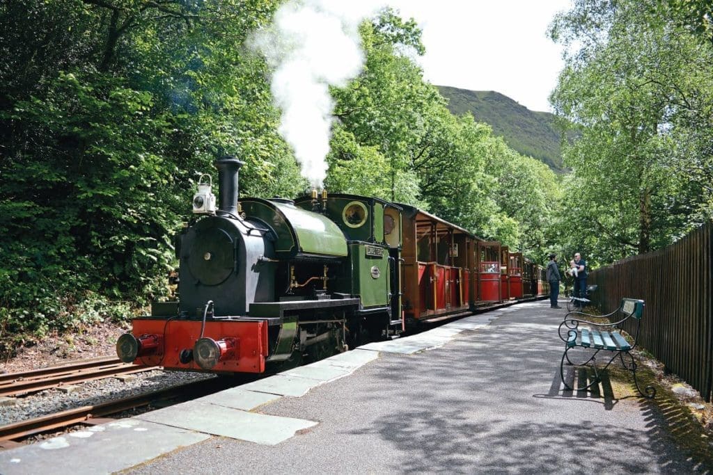 Ex-Corris Railway 0-4-2T Kerr Stuart No.4 Edward Thomas pauses in Abergynolwyn on he Talyllyn Railway