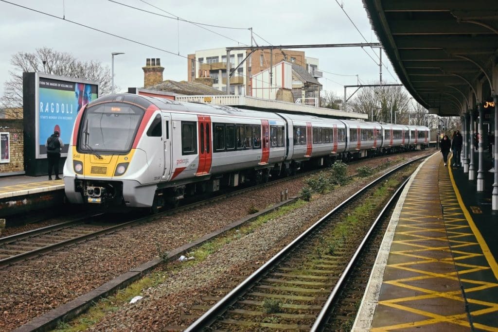 Five-car Aventra No. 720546 stands at Chelmsford on December 31, 2021, with the 1F20 10.46 London Liverpool Street-Braintree.