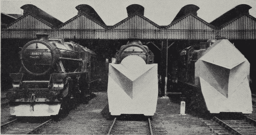 Three types of snow plough used in the Scottish Region of British Railways; left, the small nose plough for light drifts; centre, the heavy-duty plough; and right, the plough with cab protection for clearing very deep drifts.