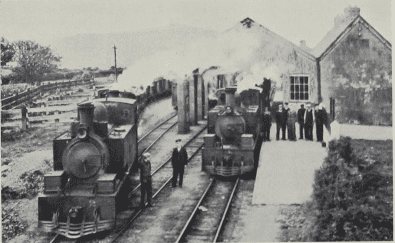 Dingle station. Tralee train in platform and cattle special on left
