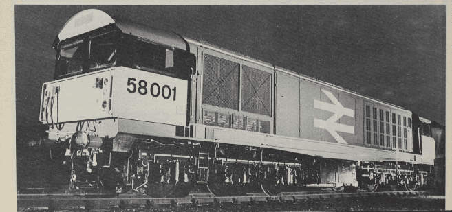 Night view of No. 58 001 at Doncaster. The main engine bonnet is light grey, underframe red, bogies black and cabs yellow with black window surrounds; the BR double-arrow emblem is white. Photo: British Railways Board