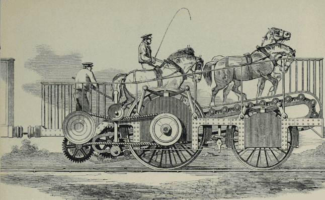 Artist’s impression of the “Impulsoria” of 1850, a horse-powered locomotive invented in Italy and demonstrated on the London & South Western Railway