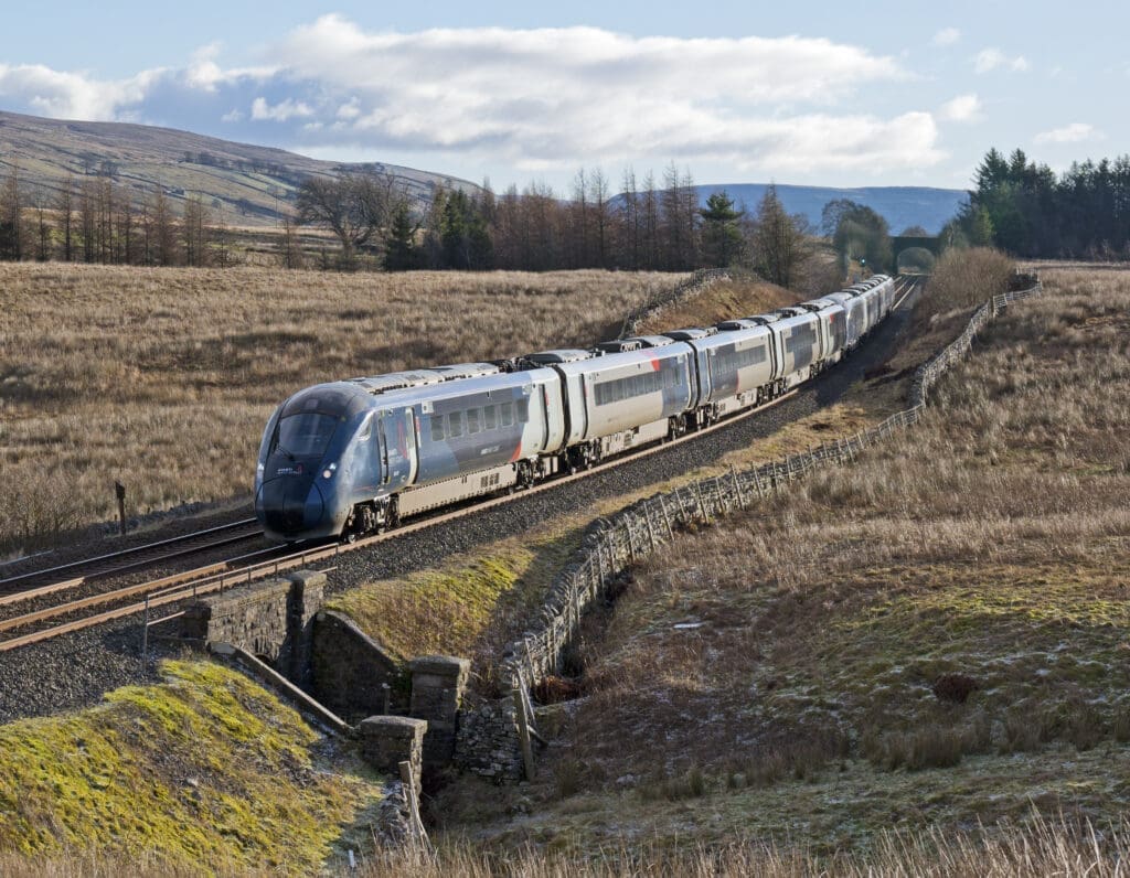 Having just crested Ais Gill summit, unit Nos. 805007+805005 head downgrade towards Kirkby Stephen on January 3 working 1Z35, the 08.47 Crewe to Carlisle. ROBIN STEWART-SMITH