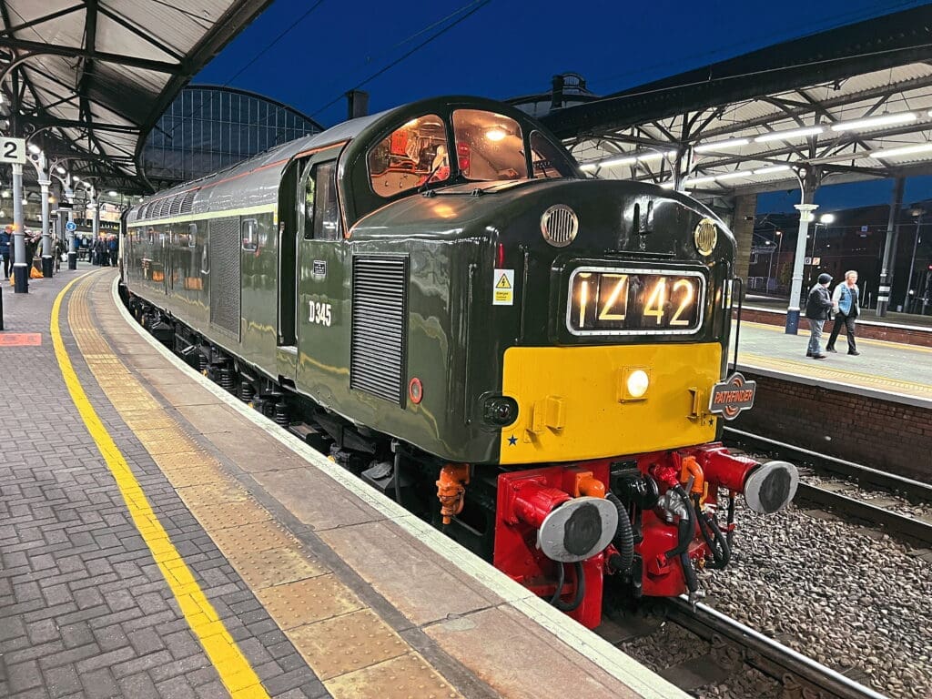 The CFPS’s D345 is edging closer to a return to the main line, and it is hoped it will be hauling charter trains in 2026. Back on November 12, 2022, it waits to set off with the 17.02 Newcastle-Burton charter. Pip Dunn