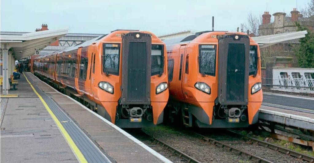 West Midlands Trains introduced new fleets to its London Northwestern Railway and West Midlands Railway operations, including these CAF-built Class 196 DMUs Nos. 196110 (left) and 196107 seen at Shrewsbury on January 31, 2025. PAUL BICKERDYKE