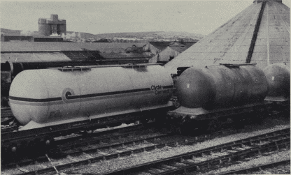 Cement tank wagons at the Clitheroe Works of Ribblesdale Cement Limited on August 31, 1982; left to right: 88-tonne gross laden weight bogie vehicle; 51-tonne g.l.w. four-wheeler. Photo: Robert H. Foster