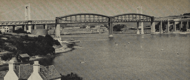 Royal Albert Bridge from the Cornish bank of the River Tamar, with the road suspension bridge in the background
Photo: British Railways Western Region