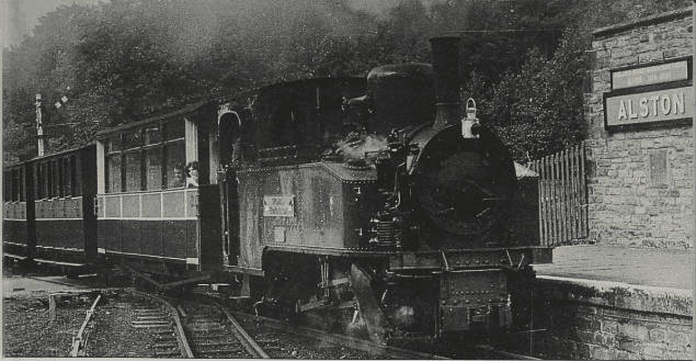 South Tynedale Railway 0-4-0 tank No. 6, “Thomas Edmondson” (Henschel No. 16047 of 1918), arriving at Alston on September 27, 1987. Photo: Dr. Tom Bell