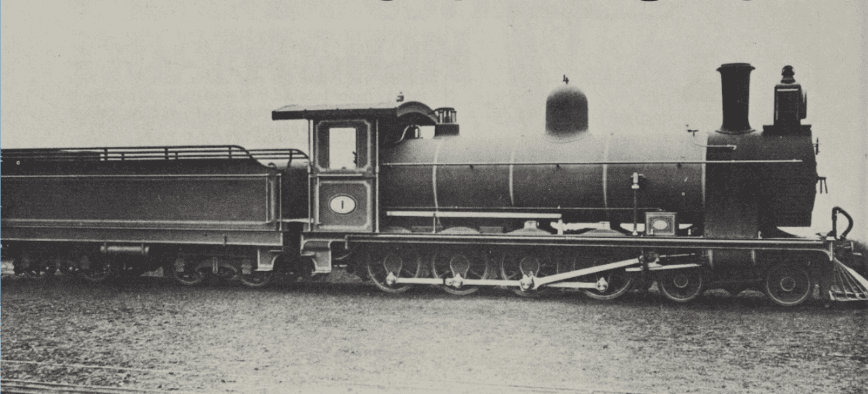 Rhodesia Railways No. 1. This handsome “7th” class 4-8-0 appears in official records as Neilson Reid No. 5675 of 1899. Close examination of an enlargement of this photograph reveals the actual works number to be 5677 (the camera cannot lie)!