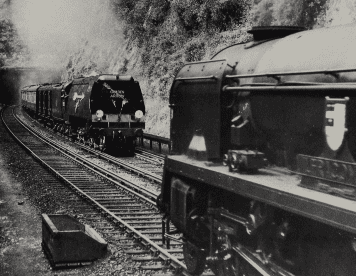 Still air-smoothed in June 1959 ‘Clan Line’ and the ‘Golden Arrow’ pass rebuilt ‘West Country’ Pacific No. 34017 ‘Ilfracombe’ on a Ramsgate-London train at Knockholt. Derek Cross/MNLPS Collection.