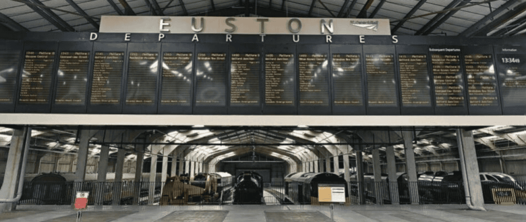 Visitors then proceed into the main gallery which is dominated by the extraordinary sight of the former departures board from London Euston. It is fully functional and is still fed by real time train information. Replaced by digital screens in 2023, installation of the board required some reinforcement work to be carried out in the former warehouse. It is claimed that the departure information is sometimes more up to date that its new contemporary in the capital as in London the display of information can be locally regulated to control passenger flow.