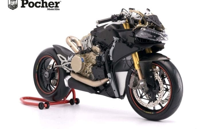 Pocher model company show mega 1299 Panigale model kit that’s a foot long and weighs 11lbs!