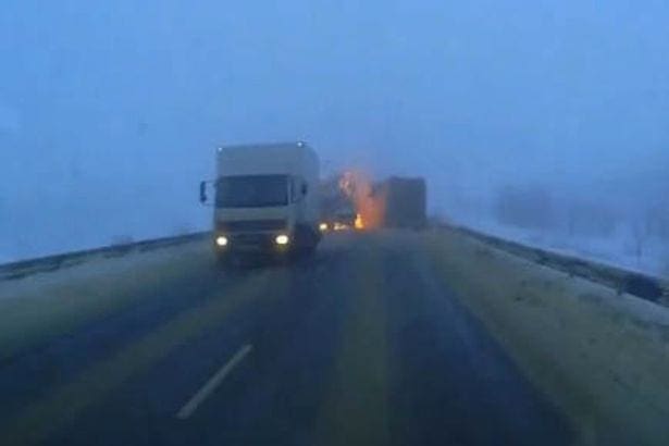 SCOOP VIDEO: Russian biker rides through horrific truck crash fireball (everyone’s OK)