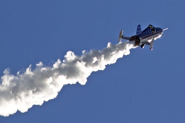 Video: Stuntman does it! Evel Knievel fan rides Sky Cycle over Snake River Canyon!