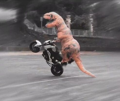 Video: Here’s a T-Rex doing stunts on a motorcycle. Yeah.