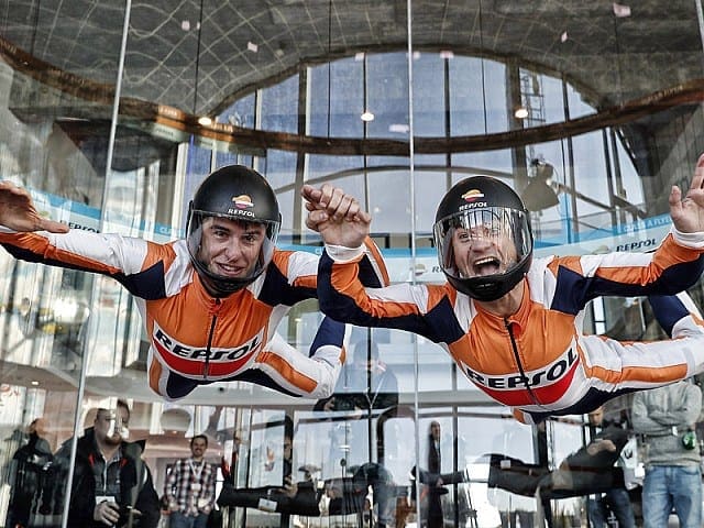 Video: Marquez and Pedrosa explore aerodynamics in a skydiving simulator