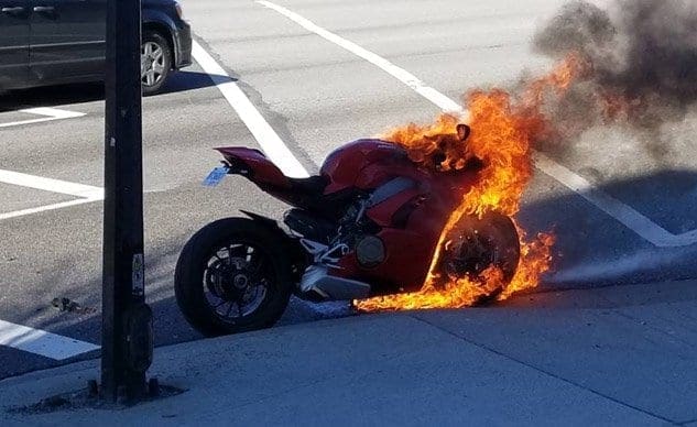 Ducati Panigale V4 bursts into flames