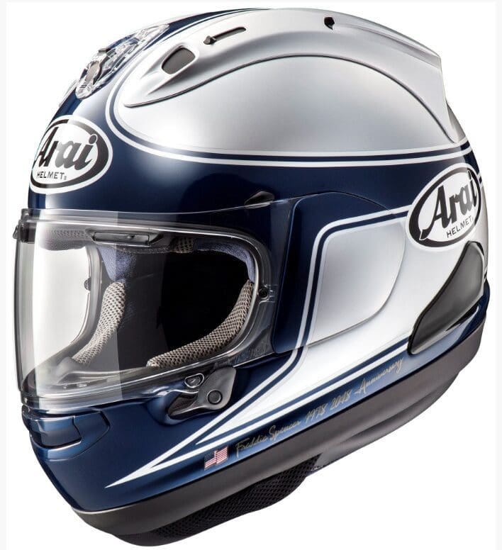 Arai goes silver and blue for a first-gen Freddie Spencer 1978 replica helmet. Cool.