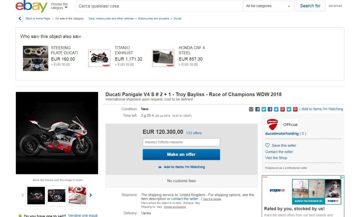 Troy Bayliss’ WDW Ducati Panigale V4 S is on Ebay right now, with days still to go, and the bids are up to a staggering £106,688!