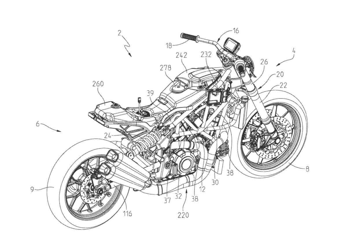 PATENT: Here’s the drawings for the production version of the Indian FTR1200 flat tracker on the road!