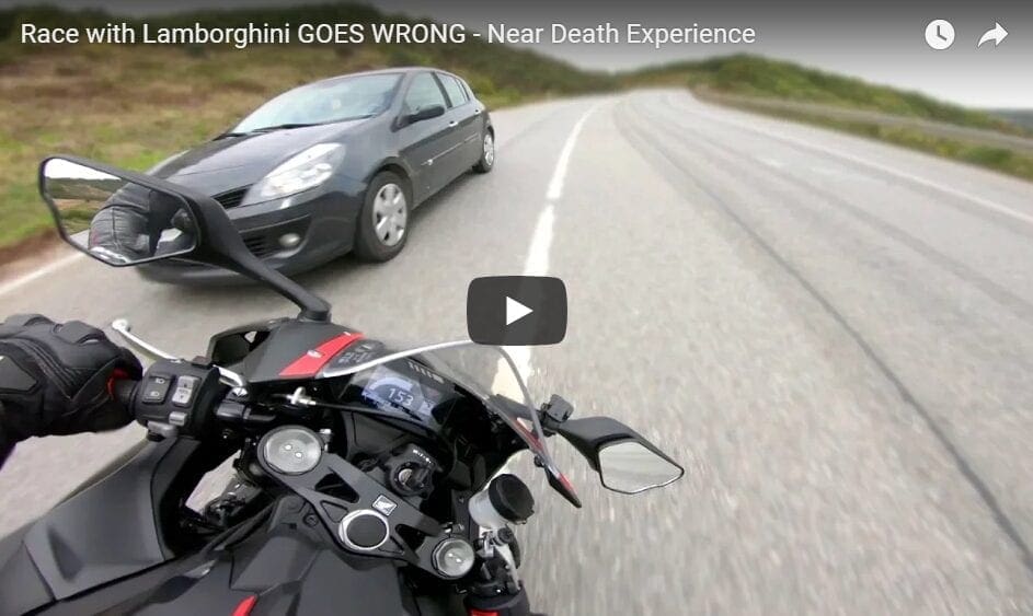 VIDEO: Motorcycle in NEAREST miss ever. Racing a Lamborghini seemed like such a good idea at the time, too.