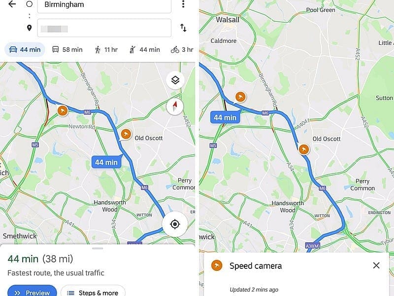 Google Maps testing SPEED CAMERA warning system.
