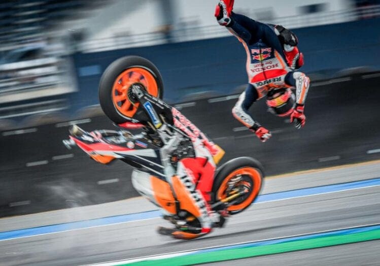 Marc Marquez' right shoulder has been mashed by a series of huge crashes in MotoGP.
