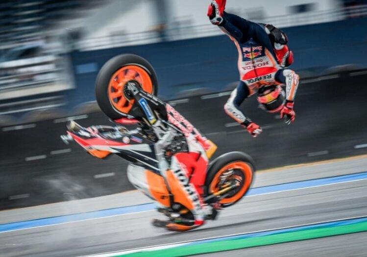 Marc Marquez' right shoulder has been mashed by a series of huge crashes in MotoGP.